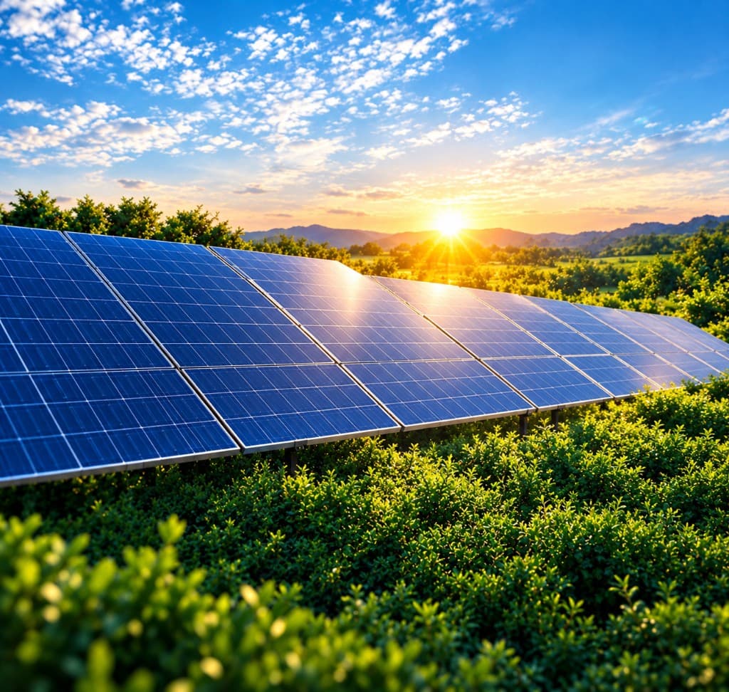 Painéis solares em meio à vegetação ao pôr do sol